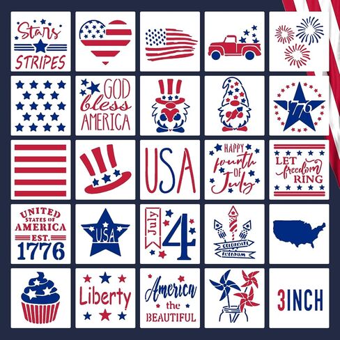 24Pcs American Flag Stencil Reusable Patriotic 1776 Stencil Template Drawing for Spray Painting on Wood Wall DIY Crafts Project Shirt Decoration Independence Day Project in Saudi Arabia