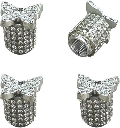 4PCS Bling Butterfly Car Tire Valve Stem Caps, Dustproof Leakproof Automotive Wheel Air Valve Cover, Sparkling Rhinestone Vehicle Exterior Accessories for SUV, Bike, Motorcycle (Silver) in Saudi Arabia