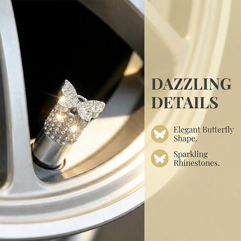 4PCS Bling Butterfly Car Tire Valve Stem Caps, Dustproof Leakproof Automotive Wheel Air Valve Cover, Sparkling Rhinestone Vehicle Exterior Accessories for SUV, Bike, Motorcycle (Silver) in Saudi Arabia