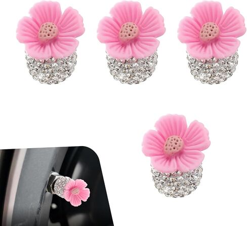 4 PCS Bling Car Tire Valve Stem Caps, Sakura Rhinestone Cap, Anti-leak Wheel Valve Cover, for Girls Women (Pink) in Saudi Arabia