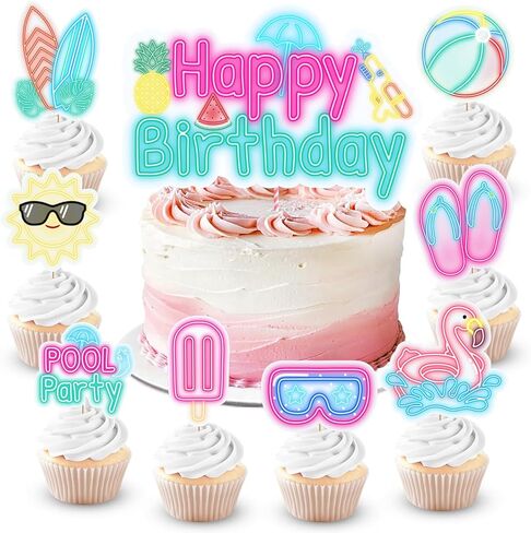 48Pcs Pool Party Cake Topper Set, Neon Beach Cupcake Toppers Beach Cake Decorations, Summer Cupcake Toppers for Pool Birthday, Surf Tropical Party Decorations in Saudi Arabia