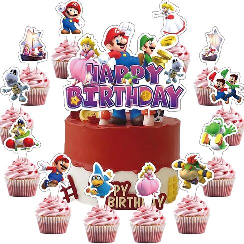 13Pcs Mario Galaxy Cake Topper Set, 1 Happy Birthday Cake Toppers and 12 Cupcake Toppers, for Mario Birthday Parties and Movie Themed Party Supplies. in Saudi Arabia