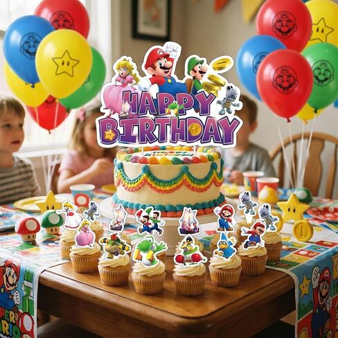 13Pcs Mario Galaxy Cake Topper Set, 1 Happy Birthday Cake Toppers and 12 Cupcake Toppers, for Mario Birthday Parties and Movie Themed Party Supplies. in Saudi Arabia