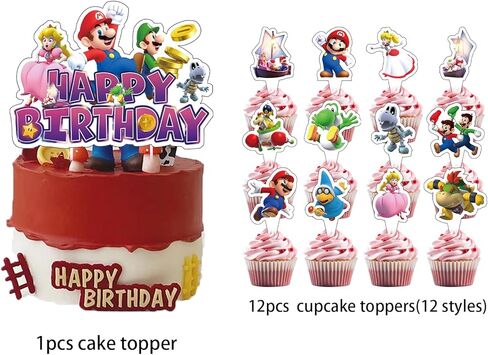 13Pcs Mario Galaxy Cake Topper Set, 1 Happy Birthday Cake Toppers and 12 Cupcake Toppers, for Mario Birthday Parties and Movie Themed Party Supplies. in Saudi Arabia