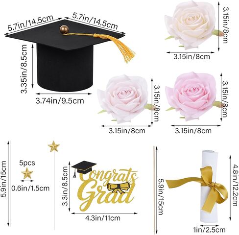 Graduation Cake Topper Set - Congrats Grad Cake Decorations with Graduation Cap, Diploma, Artificial Flower Toppers & Stars, Congrats Grad Decorations for 2026 Grad Party Cakes in Saudi Arabia
