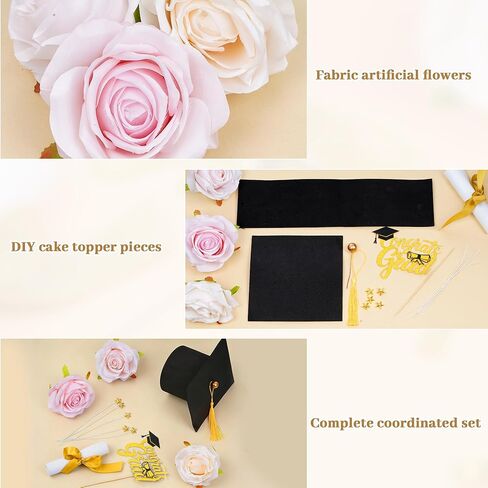 Graduation Cake Topper Set - Congrats Grad Cake Decorations with Graduation Cap, Diploma, Artificial Flower Toppers & Stars, Congrats Grad Decorations for 2026 Grad Party Cakes in Saudi Arabia