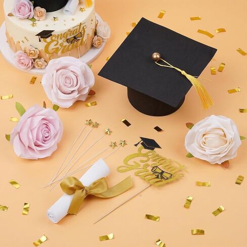 Graduation Cake Topper Set - Congrats Grad Cake Decorations with Graduation Cap, Diploma, Artificial Flower Toppers & Stars, Congrats Grad Decorations for 2026 Grad Party Cakes in Saudi Arabia