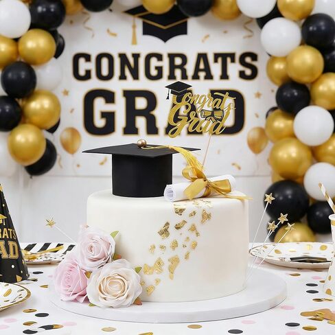 Graduation Cake Topper Set - Congrats Grad Cake Decorations with Graduation Cap, Diploma, Artificial Flower Toppers & Stars, Congrats Grad Decorations for 2026 Grad Party Cakes in Saudi Arabia