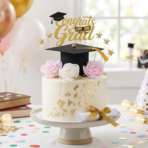 Graduation Cake Topper Set - Congrats Grad Cake Decorations with Graduation Cap, Diploma, Artificial Flower Toppers & Stars, Congrats Grad Decorations for 2026 Grad Party Cakes in Saudi Arabia