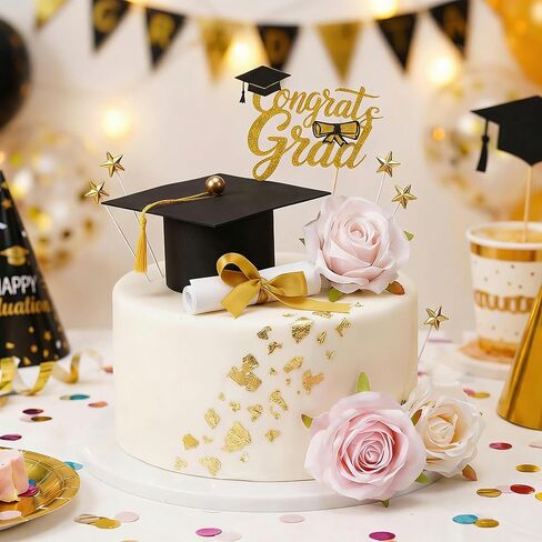 Graduation Cake Topper Set - Congrats Grad Cake Decorations with Graduation Cap, Diploma, Artificial Flower Toppers & Stars, Congrats Grad Decorations for 2026 Grad Party Cakes in Saudi Arabia