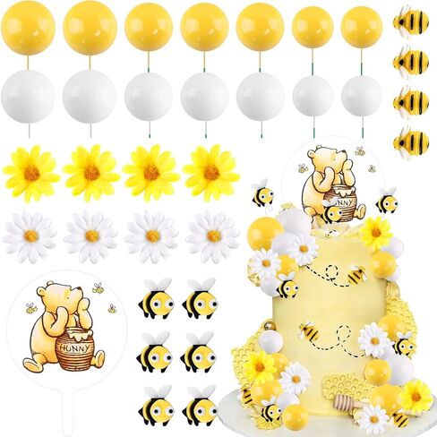 Winnie Bear Cake Topper 33Pcs Winnie Cake Decorations Pooh Bear Toppers Yellow White Balls Cupcake Picks with Little Figurine Bee Sunflowers Daisys for Oh Baby Birthday Baby Shower Party in Saudi Arabia