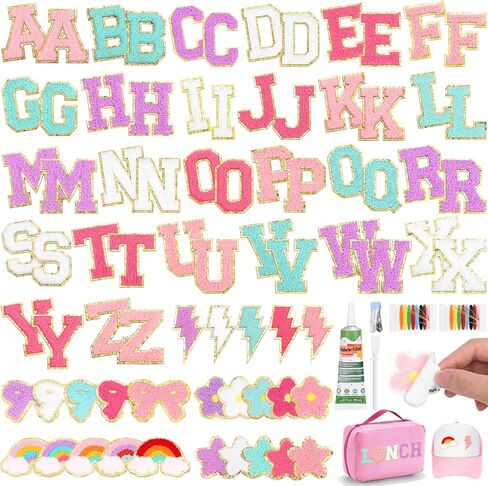 77 PCS Preppy Chenille Patches Self Adhesive Embroidered for DIY Clothing, 52 A-Z Chenille Letter Stickers 25 Rainbow Flower Lighting Stars Bowknot Fabric Glue Stick on Patch for Bags Backpacks Hats in Saudi Arabia