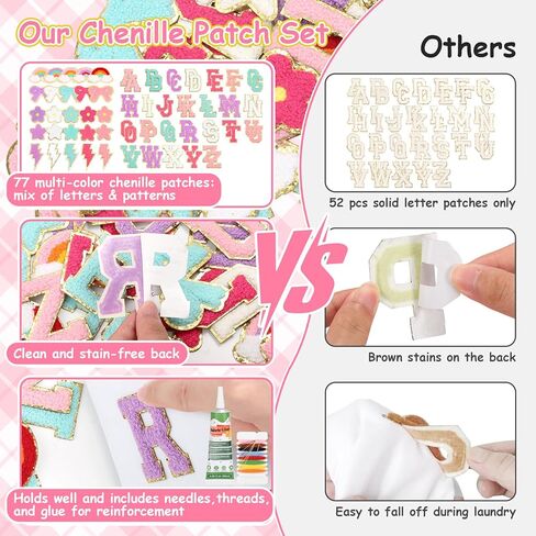 77 PCS Preppy Chenille Patches Self Adhesive Embroidered for DIY Clothing, 52 A-Z Chenille Letter Stickers 25 Rainbow Flower Lighting Stars Bowknot Fabric Glue Stick on Patch for Bags Backpacks Hats in Saudi Arabia
