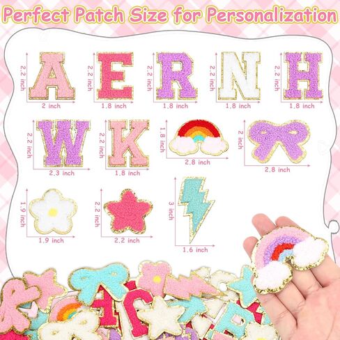 77 PCS Preppy Chenille Patches Self Adhesive Embroidered for DIY Clothing, 52 A-Z Chenille Letter Stickers 25 Rainbow Flower Lighting Stars Bowknot Fabric Glue Stick on Patch for Bags Backpacks Hats in Saudi Arabia