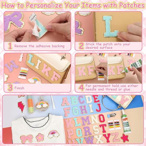 77 PCS Preppy Chenille Patches Self Adhesive Embroidered for DIY Clothing, 52 A-Z Chenille Letter Stickers 25 Rainbow Flower Lighting Stars Bowknot Fabric Glue Stick on Patch for Bags Backpacks Hats in Saudi Arabia