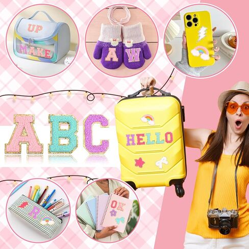 77 PCS Preppy Chenille Patches Self Adhesive Embroidered for DIY Clothing, 52 A-Z Chenille Letter Stickers 25 Rainbow Flower Lighting Stars Bowknot Fabric Glue Stick on Patch for Bags Backpacks Hats in Saudi Arabia