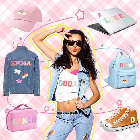77 PCS Preppy Chenille Patches Self Adhesive Embroidered for DIY Clothing, 52 A-Z Chenille Letter Stickers 25 Rainbow Flower Lighting Stars Bowknot Fabric Glue Stick on Patch for Bags Backpacks Hats in Saudi Arabia