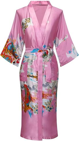 Women's Long Satin Kimono Robe Floral Silky Bathrobe Lightweight Sleepwear for Wedding Bridesmaid Loungewear in Saudi Arabia