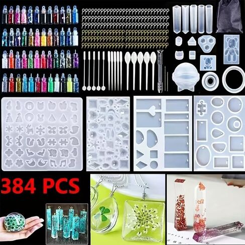 284-piece Epoxy Resin Casting Mold Set, for Making DIY Jewelry Molds Such As Earrings, Pendants, Necklaces, and Keychains (284-piece Set (48 Colors of Bottled Glitter)) in Kuwait