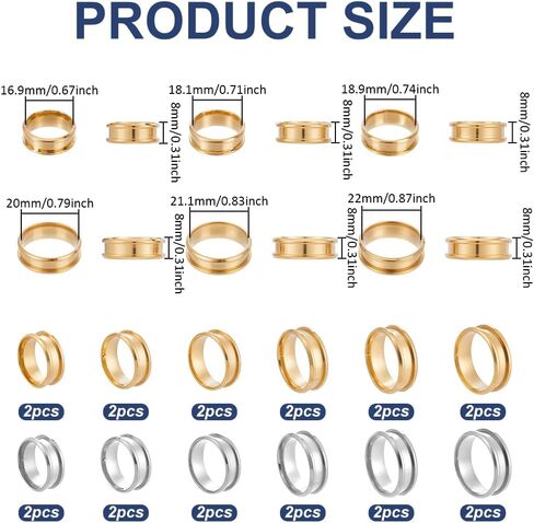 CRAFTYMELODY 24Pcs 12 Styles Grooved Finger Rings 304 Stainless Steel Blank Finger Rings Round Grooved Core Inlay Blank Ring US Size 7/8/9/10/11/12 for Jewelry Making Golden Stainless Steel in Kuwait