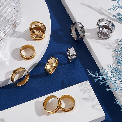 CRAFTYMELODY 24Pcs 12 Styles Grooved Finger Rings 304 Stainless Steel Blank Finger Rings Round Grooved Core Inlay Blank Ring US Size 7/8/9/10/11/12 for Jewelry Making Golden Stainless Steel in Kuwait