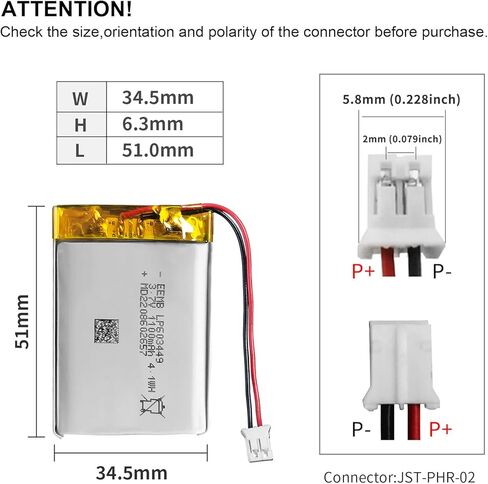 EEMB 4PACK Lithium Polymer Battery 3.7V 1100mAh 603449 Lipo Rechargeable Battery Pack with Wire JST Connector for ESP32 Development Board/Speaker- Confirm Device & Connector Polarity Before Purchase in Saudi Arabia