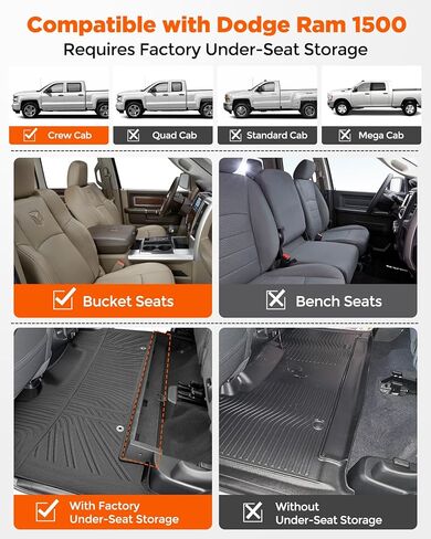 سجادات أرضية السيارة لسيارة Dodge Ram 1500 Crew Cab فقط: 2025 2026 (فقط مع مساحة تخزين المصنع الخلفية أسفل المقعد ومقعد الجرافة)، بطانة أرضية تناسب جميع الأحوال الجوية لملحقات Ram 1500 باللون الأسود in Kuwait