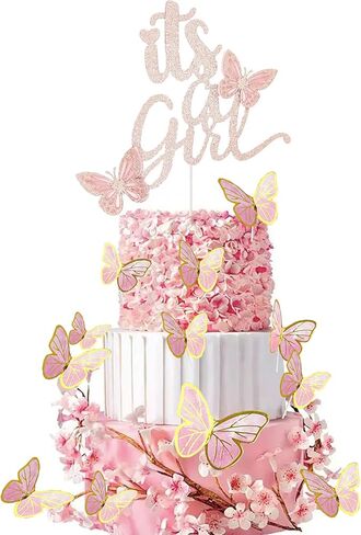 Double Sided Glitter “It’s a Girl" Cake Topper Set, Assembled Rose Gold Cake Topper for Baby Shower with 20 Pink Butterflies Cupcake Toppers, Party Decorations & Favors for Girl Baby Shower in Saudi Arabia