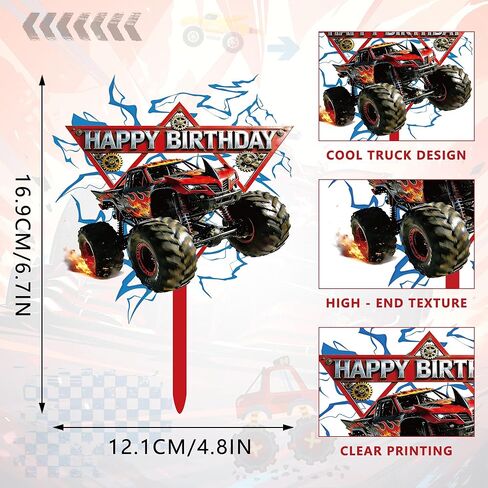 Monster Truck Acrylic Cake Topper Cool Truck Happy Birthday Cake Decorations, Reusable Dessert Cupcake Topper for Truck Themed Birthday Party Decor in Saudi Arabia