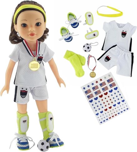 Emily Rose 14 Inch Doll Soccer Uniform 9-PC Set | Doll Clothes Sports Outfit with Socks Shin Guards Cleats Ball Headband Medal & Patriotic Face Stickers | Fits American Girl Dolls | No Doll in Kuwait