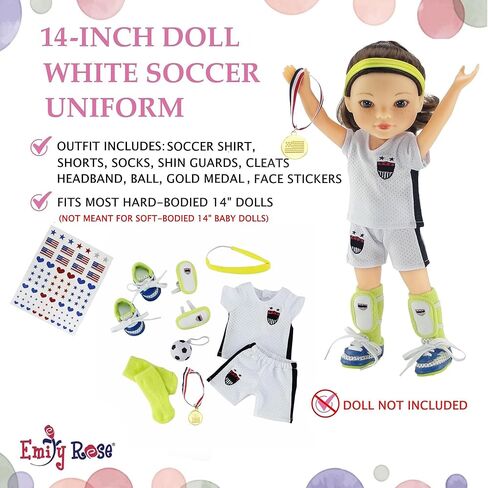 Emily Rose 14 Inch Doll Soccer Uniform 9-PC Set | Doll Clothes Sports Outfit with Socks Shin Guards Cleats Ball Headband Medal & Patriotic Face Stickers | Fits American Girl Dolls | No Doll in Kuwait