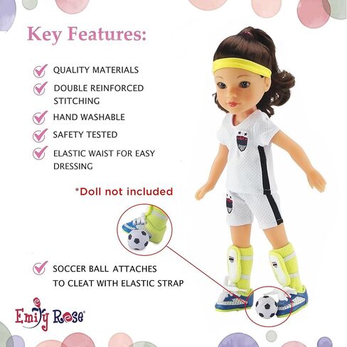 Emily Rose 14 Inch Doll Soccer Uniform 9-PC Set | Doll Clothes Sports Outfit with Socks Shin Guards Cleats Ball Headband Medal & Patriotic Face Stickers | Fits American Girl Dolls | No Doll in Kuwait