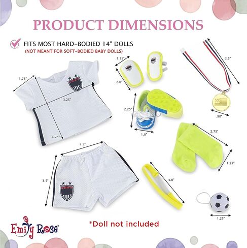 Emily Rose 14 Inch Doll Soccer Uniform 9-PC Set | Doll Clothes Sports Outfit with Socks Shin Guards Cleats Ball Headband Medal & Patriotic Face Stickers | Fits American Girl Dolls | No Doll in Kuwait