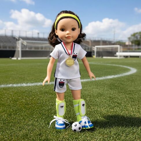 Emily Rose 14 Inch Doll Soccer Uniform 9-PC Set | Doll Clothes Sports Outfit with Socks Shin Guards Cleats Ball Headband Medal & Patriotic Face Stickers | Fits American Girl Dolls | No Doll in Kuwait