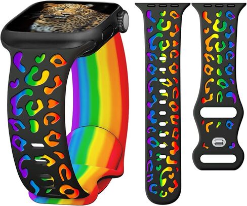 عصابات منقوشة بنقش الفهد لأشرطة ساعة Apple 46 مم 45 مم 44 مم 49 مم 42 مم (S3) للنساء iWatch Bands، حزام سيليكون أنيق لطيف لسلسلة Apple Watch 10 9 8 SE 7 6 5 4 3 Ultra 2 1 Band-أسود in Kuwait