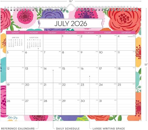 2026-2027 Blue Sky Wirebound floral 12" x 15" Academic Monthly Wall Calendar, Assorted Colors (156554-A27) in Kuwait