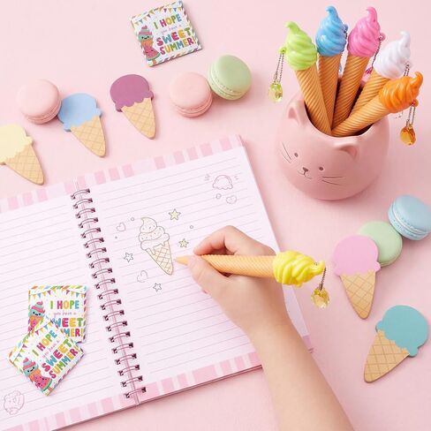 24 Sets End of Year Gift Ice Cream Ballpoint Pen Sticky Notes Ice Cream Party Supplies Kit for Summer Vacation Party Favors in Kuwait