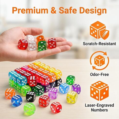 50 Pack Colorful Dice Set (14mm) 6 Sided Acrylic Dice Standard Dice Translucent Colored Bulk Dice for Classroom & DIY Crafts in Saudi Arabia
