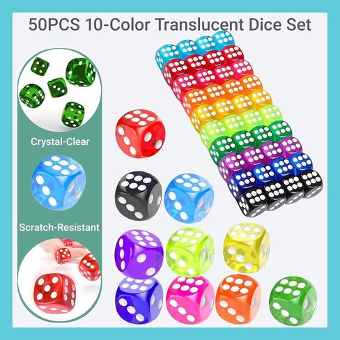 50 Pack Colorful Dice Set (14mm) 6 Sided Acrylic Dice Standard Dice Translucent Colored Bulk Dice for Classroom & DIY Crafts in Saudi Arabia