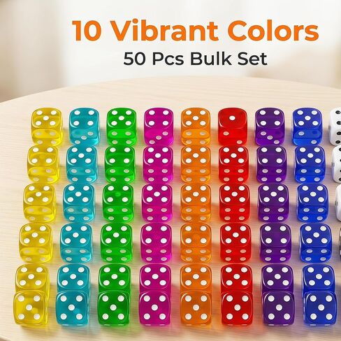 50 Pack Colorful Dice Set (14mm) 6 Sided Acrylic Dice Standard Dice Translucent Colored Bulk Dice for Classroom & DIY Crafts in Saudi Arabia