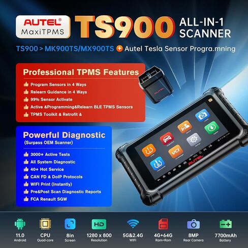 ماسح ضوئي Autel MaxiTPMS TS900، أداة مسح ثنائية الاتجاه 2026، أعلى TPMS مثل MS906 PRO-TS، يصل إلى MK900TS MX900TS MK808S-TS MK900 TS608، 3000+ اختبار نشط، 40+ خدمة، CAN-FD وDOIP، OS 11.0، FCA SGW in Kuwait