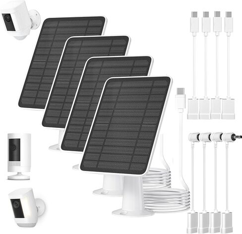 لوحة شمسية 5 وات للكاميرا الدائرية، شاحن لوحة شمسية متوافق مع بطارية كاميرا Ring Spotlight Plus/Pro Stick Up الخارجية، كابل 9.8 قدم مع محول قابس USB-C إلى برميل ومحول Micro-USB، 4 عبوات in Kuwait