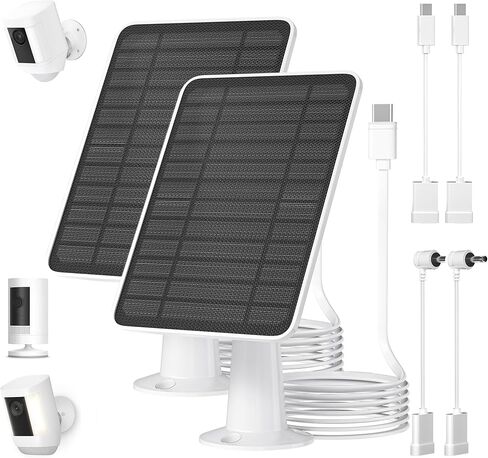 5W Solar Panel for Ring Camera, Solar Panel Charger Compatible with Ring Spotlight Plus/Pro Stick Up Outdoor Cam Battery, 9.8ft Cable with USB-C to Barrel Plug Adapter & Micro-USB Adapter, 4 Pack in Kuwait