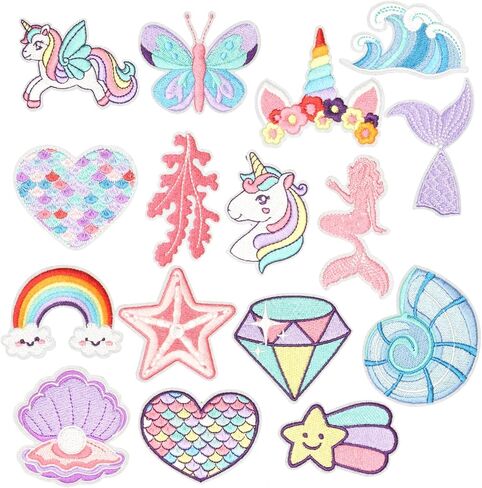 16PCS Mermaid Unicorn Adventure Iron on Patches, Fantasy Rainbow Fairy Tale Dream Embroidered Repair Patches for Clothes, Cute Applique for Hats, Jeans, Jackets, Backpacks, Shoes in Kuwait