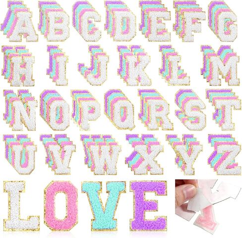104 Pcs Chenille Letter Patches Iron on Letters, Self Adhesive Letter Patches Chenille Stick on Embroidered Patch for Backpack, Jackets, Clothing, Hats (White, Pink, Purple, Blue) in Saudi Arabia