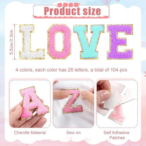 104 Pcs Chenille Letter Patches Iron on Letters, Self Adhesive Letter Patches Chenille Stick on Embroidered Patch for Backpack, Jackets, Clothing, Hats (White, Pink, Purple, Blue) in Saudi Arabia