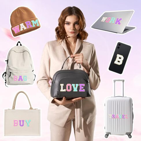 104 Pcs Chenille Letter Patches Iron on Letters, Self Adhesive Letter Patches Chenille Stick on Embroidered Patch for Backpack, Jackets, Clothing, Hats (White, Pink, Purple, Blue) in Saudi Arabia
