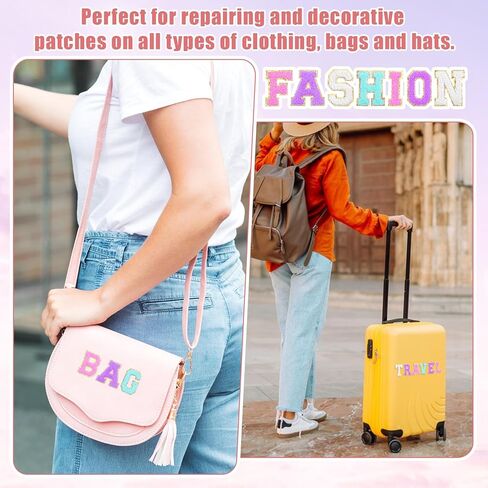 104 Pcs Chenille Letter Patches Iron on Letters, Self Adhesive Letter Patches Chenille Stick on Embroidered Patch for Backpack, Jackets, Clothing, Hats (White, Pink, Purple, Blue) in Saudi Arabia