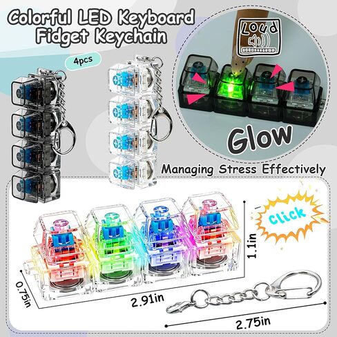 4 PCS Glow Keyboard Fidget Toy, Keyboard Fidget with LED Light Keychain 4-in-1 Keyboard Decompression Button Finger Clicker Toys, Button Stress Relief Fidget Gifts for Kids Adults (Clear Black) in Saudi Arabia