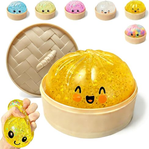 Glitter Dumpling Squishy, Bao Bun Stress Relief Fidget Toy, Squeezable Sensory Desk Toy with Steamer Box, Calming Anxiety Relief Stress Ball for Adults, 3.6 Inch, Not Real Food (Pink) in Saudi Arabia